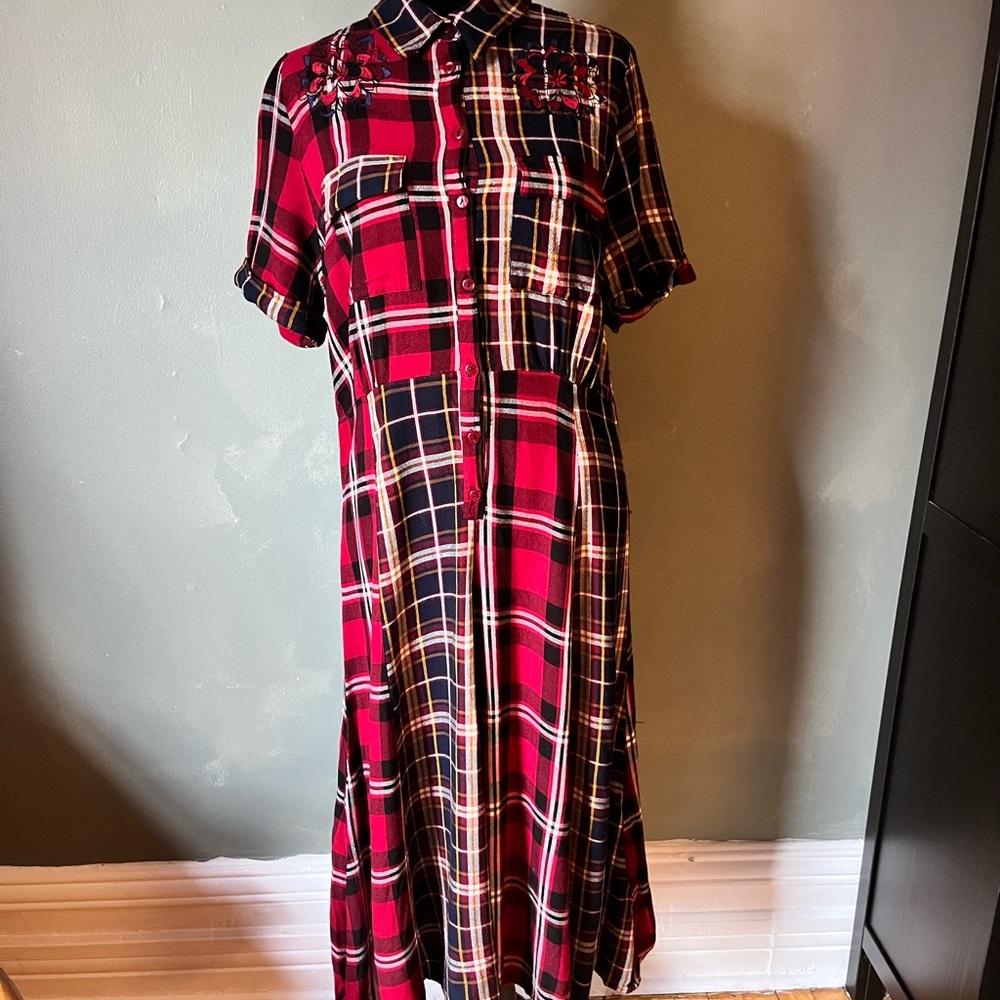 Desigual Rosada Tartan Plaid Patchwork Floral Embroidered Shirt Dress Size L